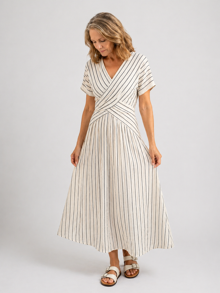 Cressida | V Neck Short Sleeve Cross Waist Midi Dress