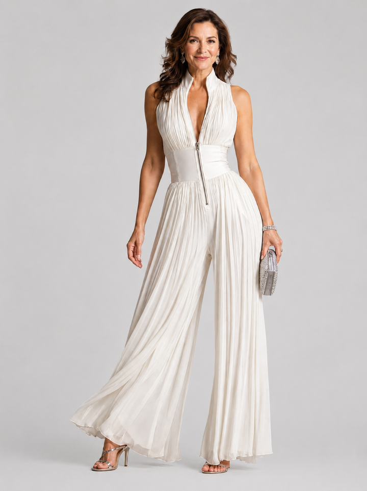 Zakira | Pleated Halter Neck Wide Leg Jumpsuit