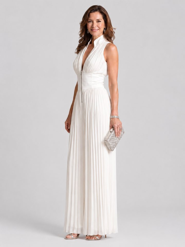 Zakira | Pleated Halter Neck Wide Leg Jumpsuit