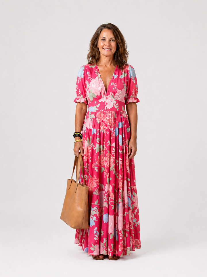 Ione | Short Sleeve V Neck Floral Midi Dress